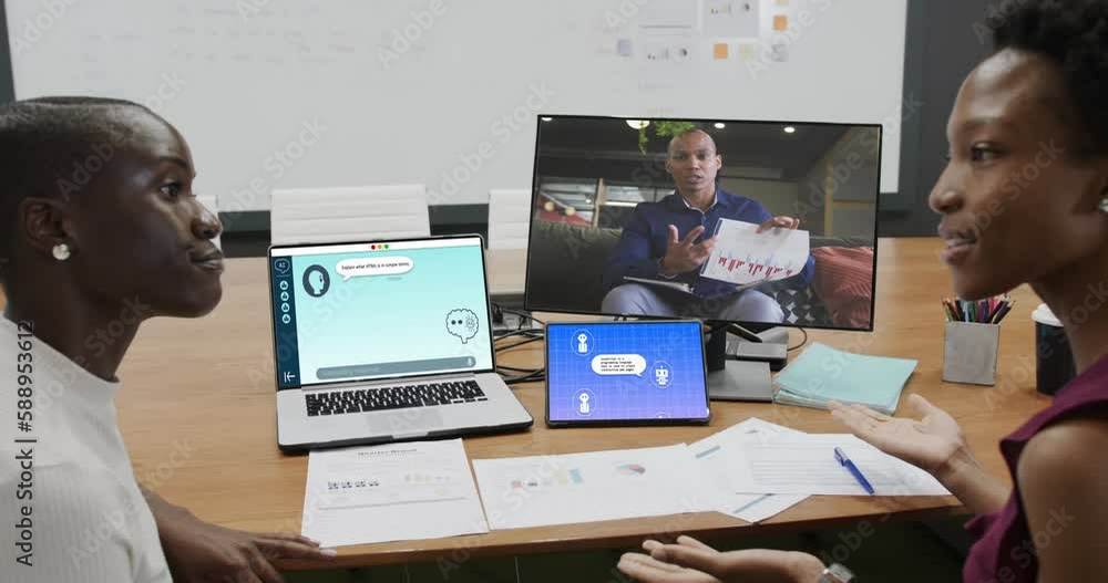 Poster diverse businesswomen in office using computers with video call and ai messaging on screens