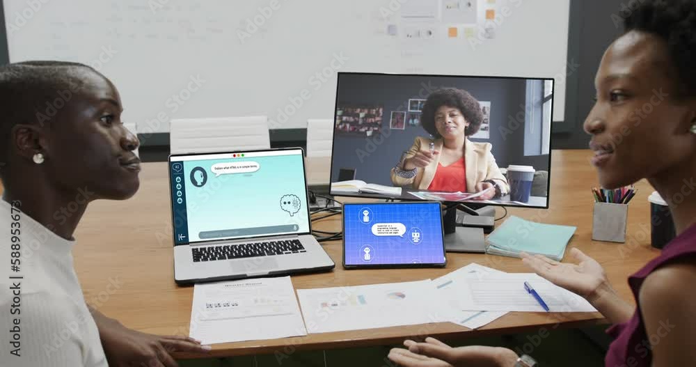 Poster diverse businesswomen in office using computers with video call and ai messaging on screens