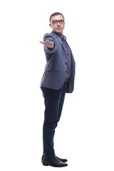 Handsome young man in formalwear pointing you