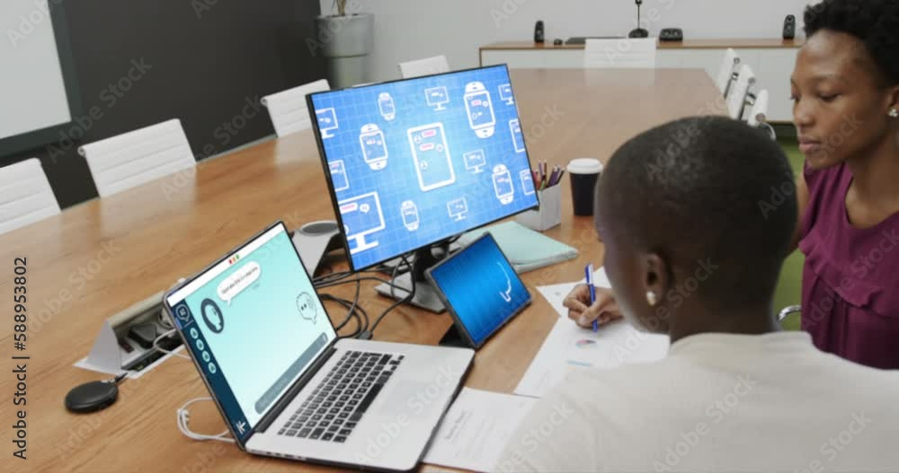 Poster diverse businesswomen in office using computer with ai interface and messaging on screen