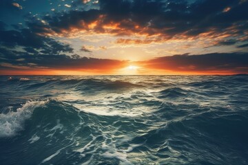 serene ocean sunset with warm colors and waves crashing against the shore. Generative AI