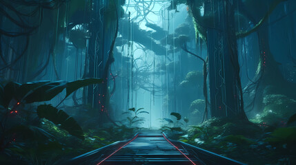 futuristic jungle scene, digital art illustration, Generative AI