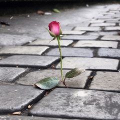 A rose growing through the crack of a sidewalk representing hope.
