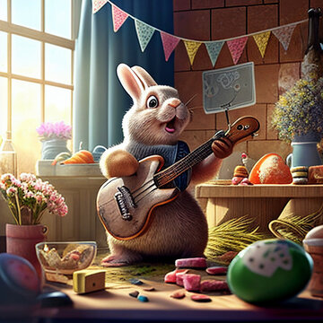 easter bunny playing guitar with easter eggs, Generative Ai