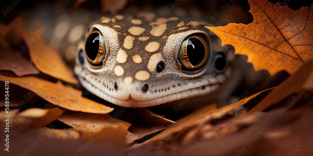 Poster images of a leopard gecko's head in close up on dry leaves. generative ai