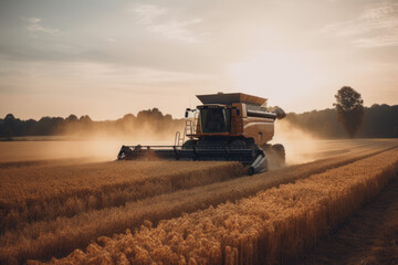 Combine harvester collecting wheat in field. Generative AI