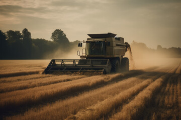 Fototapeta premium Combine harvester collecting wheat in field. Generative AI