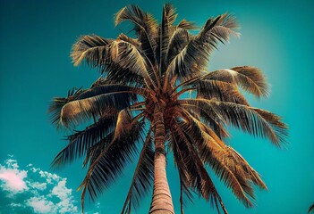 Fototapeta na wymiar Coconut palm tree on blue sky background. Generative AI