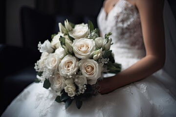 Obraz na płótnie Canvas Bride holding her wedding bouquet. wedding bouquet in bride's hands. Generative Ai