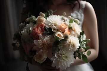 Bride holding her wedding bouquet. wedding bouquet in bride's hands. Generative Ai