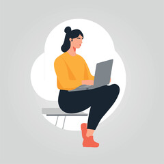 Fototapeta na wymiar woman sitting working with laptop on her lap, vector illustration