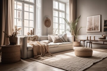 Fototapeta premium Modern Scandinavian home decor. Beautiful boho living room with comfy couch, cushions, windows, curtains, plaid, marble side table. Generative AI