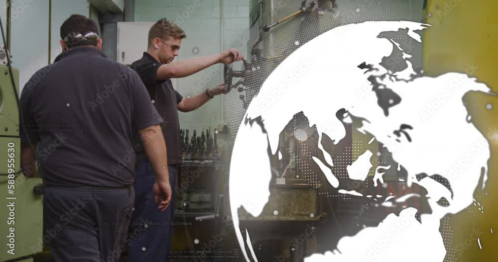 Aufkleber animation of globe rotating over diverse man walking towards coworker using machinery in garage