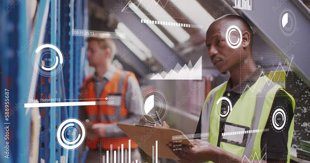 Poster animation of graphs and loading bars over african american man with checklist examining equipment