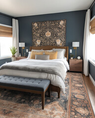 A bedroom with an oriental rug and a grey wall, in the style of light navy and light brown, eco - friendly craftsmanship, ai regenerative