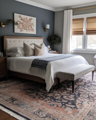 A bedroom with an oriental rug and a grey wall, in the style of light navy and light brown, eco - friendly craftsmanship, ai regenerative