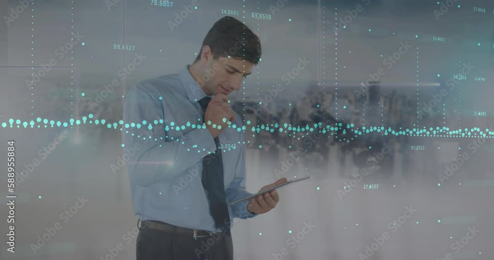 Poster animation of data processing over caucasian businessman using tablet and cityscape