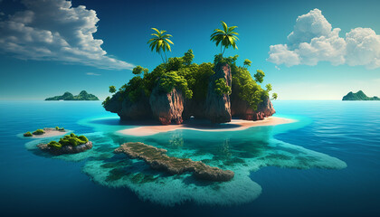 Beautiful realistic summer background with islands. Generative AI.