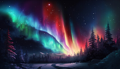 Colorful realistic Christmas background with aurora. Generative AI.