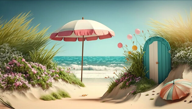 Beautiful realistic summer background with beach scenery. Generative AI.