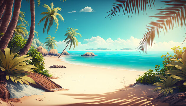 Beautiful realistic summer background with beach scenery. Generative AI.