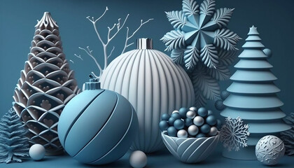 Beautiful realistic Christmas background in blue. Generative AI.
