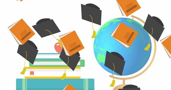 Animation of graduation hats over school books and globe
