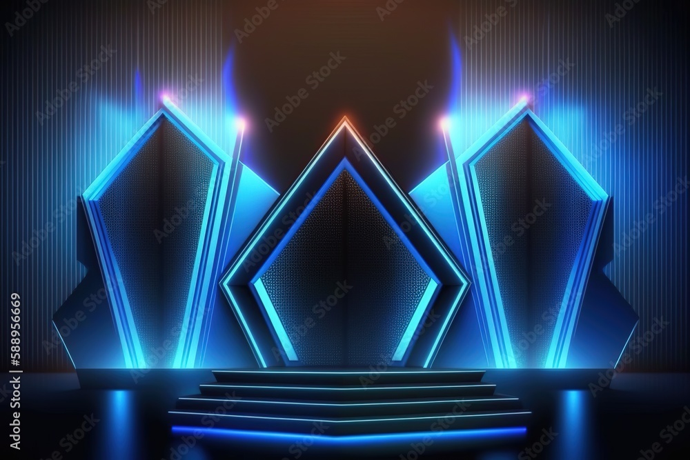 Poster display podium with geometric polygonal backdrop for product demonstrations a bright rainbow of scie