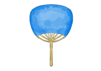青色うちわのイラスト（水彩風）