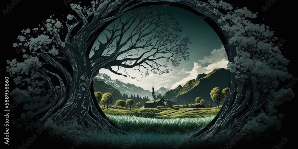 Poster an example of a doorway to another dimension: a tree in a meadow at the base of the mountains. gener