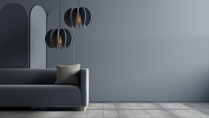 Mockup living room interior with blue sofa on empty dark blue wall background.