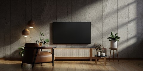 Living room interior in loft have cabinet for tv and leather armchair in cement room with concrete wall.