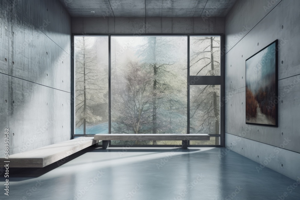 Poster interior of a bright gray concrete gallery with a panoramic window and a bench with an empty mock up
