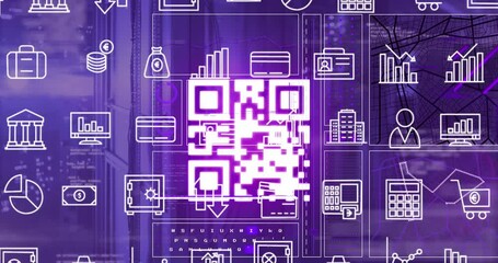 Animation of qr code and data processing over computer servers - Powered by Adobe