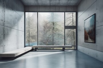 Fototapeta na wymiar Interior of a bright gray concrete gallery with a panoramic window and a bench with an empty mock up space for your advertisement. a mockup. Generative AI