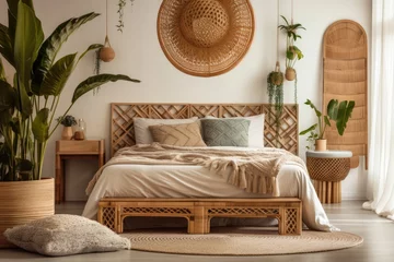 Vlies Fototapete Boho-Stil Traditional Asian interior bedroom in warm home with ethnic décor, wicker headrest at comfy bamboo bed, light above bedside table, and natural green plant composition. Generative AI