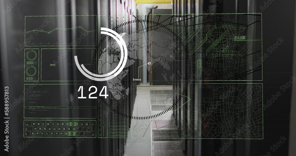Poster animation of interface with data processing over spinning globe against computer server room