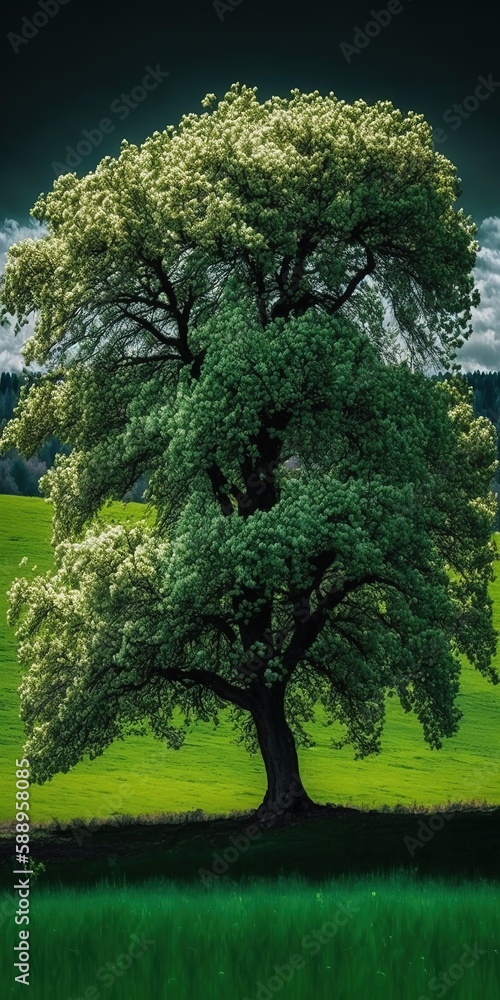 Poster greening of the tree and meadow in spring generative ai