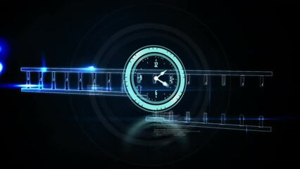 Animation of neon ticking clock, spinning dna structure and data processing against blue background - Powered by Adobe