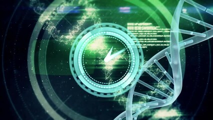 Animation of neon ticking clock, spinning dna structure and data processing against blue background - Powered by Adobe