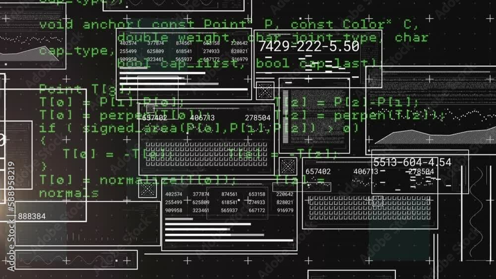 Poster animation of interfaces with data processing and light spot against black background