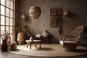 Japanese styled interior design for a home in white and black tones, a living room in the wabi sabi aesthetic, a wall mockup, and rattan hanging chairs with decors. Generative AI