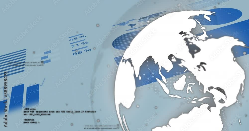 Poster animation of white spots and spinning globe over statistical data processing on white background