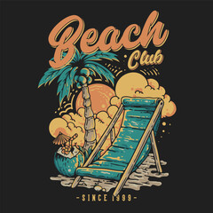T Shirt Design Beach Club With Beach Seat Under Coconut Tree On The Beach Vintage Illustration
