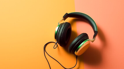 Retro old-fashioned headphones on vibrant orange background. Flat lay top down view.