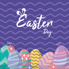 Happy Easter Day Design with Colorful Painted Realistic Eggs in Basket in Pastel Color Background. art, background, banner, bunny, card, cartoon, celebration, character, christ, color, colorful, comic