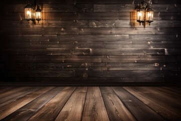 wooden floor illuminated by two lights. Generative AI