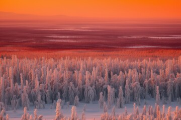 tranquil winter sunset over a snowy forest landscape. Generative AI
