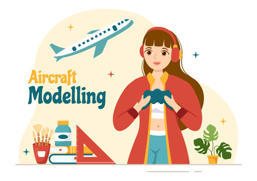 Aircraft Modelling and Crafting Illustration with Assembling or Painting Huge Airplane Model in Flat Cartoon Hand Drawn Landing Page Templates