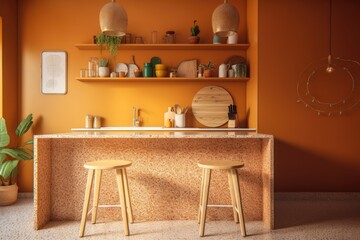 Terrazzo countertops and decorations in an orange kitchen. mock up for an illustration. Generative AI - obrazy, fototapety, plakaty